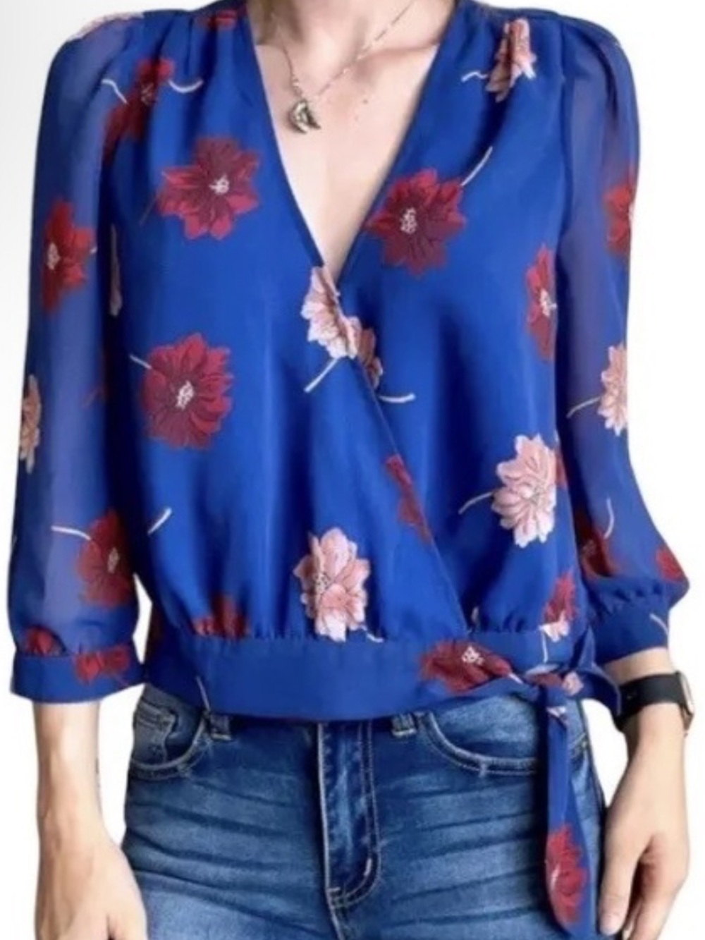 Madewell Blue Floral Wrap Tie Blouse Boho Long Sleeve Top
